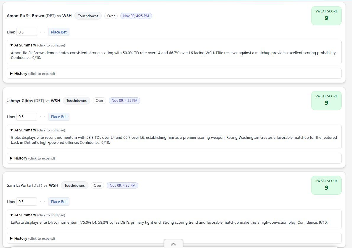 SweatAnalytics's tweet image. Detroit Lions @ Washington Commanders

DET -8 SPREAD
David Montgomery UNDER 47.5 Rushing Yds
Amon-Ra St. Brown ANYTIME TD
Jahmyr Gibbs ANYTIME TD
Sam LaPorta ANYTIME TD
Marcus Mariota ANYTIME TD