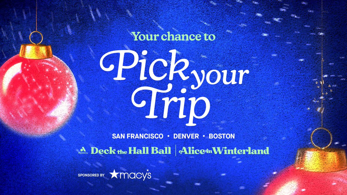 Pick your holiday concert trip! ✈️🎶 Enter for a chance to see your favorite artists in SF, Denver, or Boston—thanks to Macy’s + Audacy! 🎄 Enter before Nov 16 ➡️ [audacy.com/contests/your-…] #DeckTheHallBall #AliceInWinterland #997ThePoint