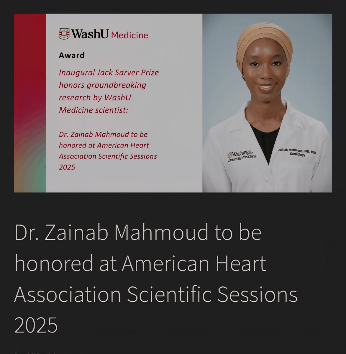 Congratulations to Dr. <a href="/iNabmahmoud/">Zainab Mahmoud</a> on winning the inaugural Jack Sarver Prize 
cardiology.wustl.edu/inaugural-jack…