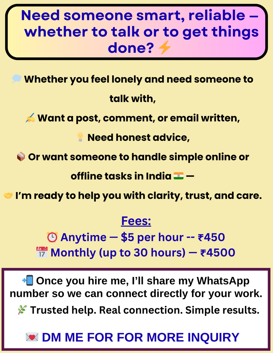 NileshDevlekar's tweet image. Sometimes you don&apos;t need a team, just one smart and reliable person who gets things done.
I&apos;m here to talk, listen, write, and help with real human support when you need it. 🤝
#SmartHelp #OnlineSupport   #Freelancer #VirtualAssistant #TalkAndTask  #HireForTasks
#remotejobs