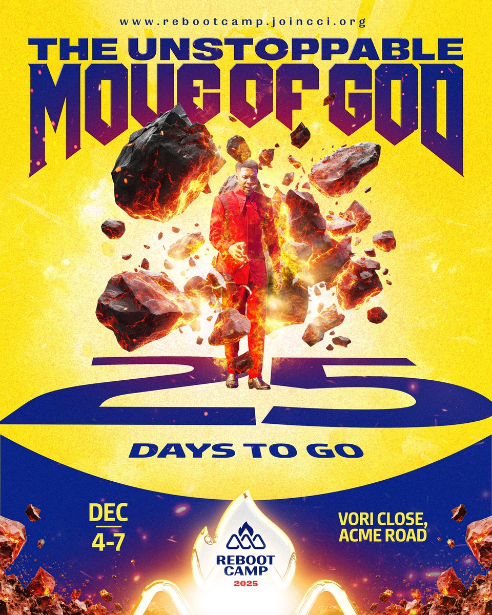 It's 25 days to the camp meeting of the year 💃🏾💃🏾💃🏾

In 25 days time, heaven will kiss the earth as we gather for a time of rejuvenation, indoctrination, celebration, and harvest of souls at Reboot Camp 2025🔥🔥🔥

Are you ready for a time of your life???

Date: December 4-7,