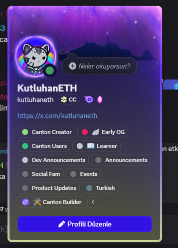. <a href="/CantonNetwork/">Canton Network</a> için geri sayım sürerken Discord tarafında içerik üretenler ve aktif olanlar için 'Canton Creator' rolü tanımlandı. Bu rolü çalışarak kazandım ve şu an tek eksiğim Secret Rolü eğer bunu da alabilirsem tablo tamamlanacak :)