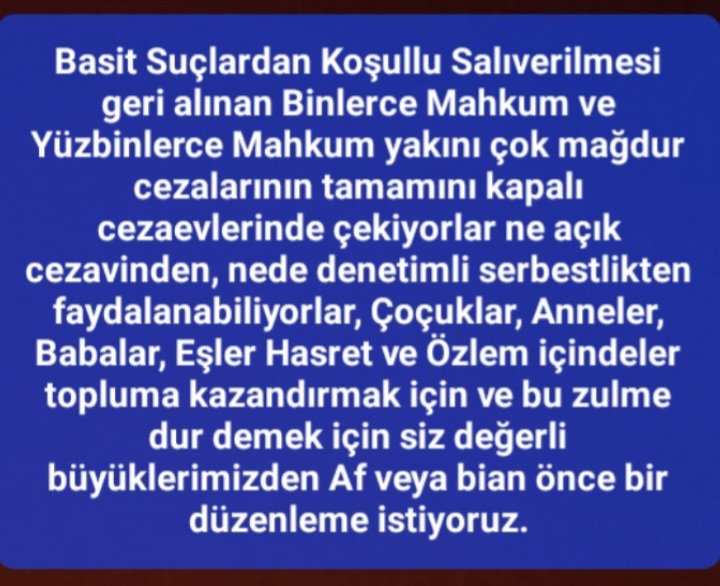 <a href="/MahinurOzdemir/">Mahinur Özdemir Göktaş</a> ŞARTLI TAHLİYESİ GERİ ALINAN MAHKUM
Cezası 1 yılın altında kalmasına rağmen ne açık ne denetim hiç
hakkı yok.Zaten ceza yatıp ıslah olmuşlardı.Bu bir zulümdür.
#CezadaAdaletİnfazdaEşitlik
#İnfazYasasıKasımdaMeclise

#ŞTGA
<a href="/MahinurOzdemir/">Mahinur Özdemir Göktaş</a>
<a href="/RTErdogan/">Recep Tayyip Erdoğan</a>
<a href="/YildizFeti/">Feti Yıldız</a> 
<a href="/cuneytyuksel_/">Prof. Dr. Cüneyt Yüksel</a>