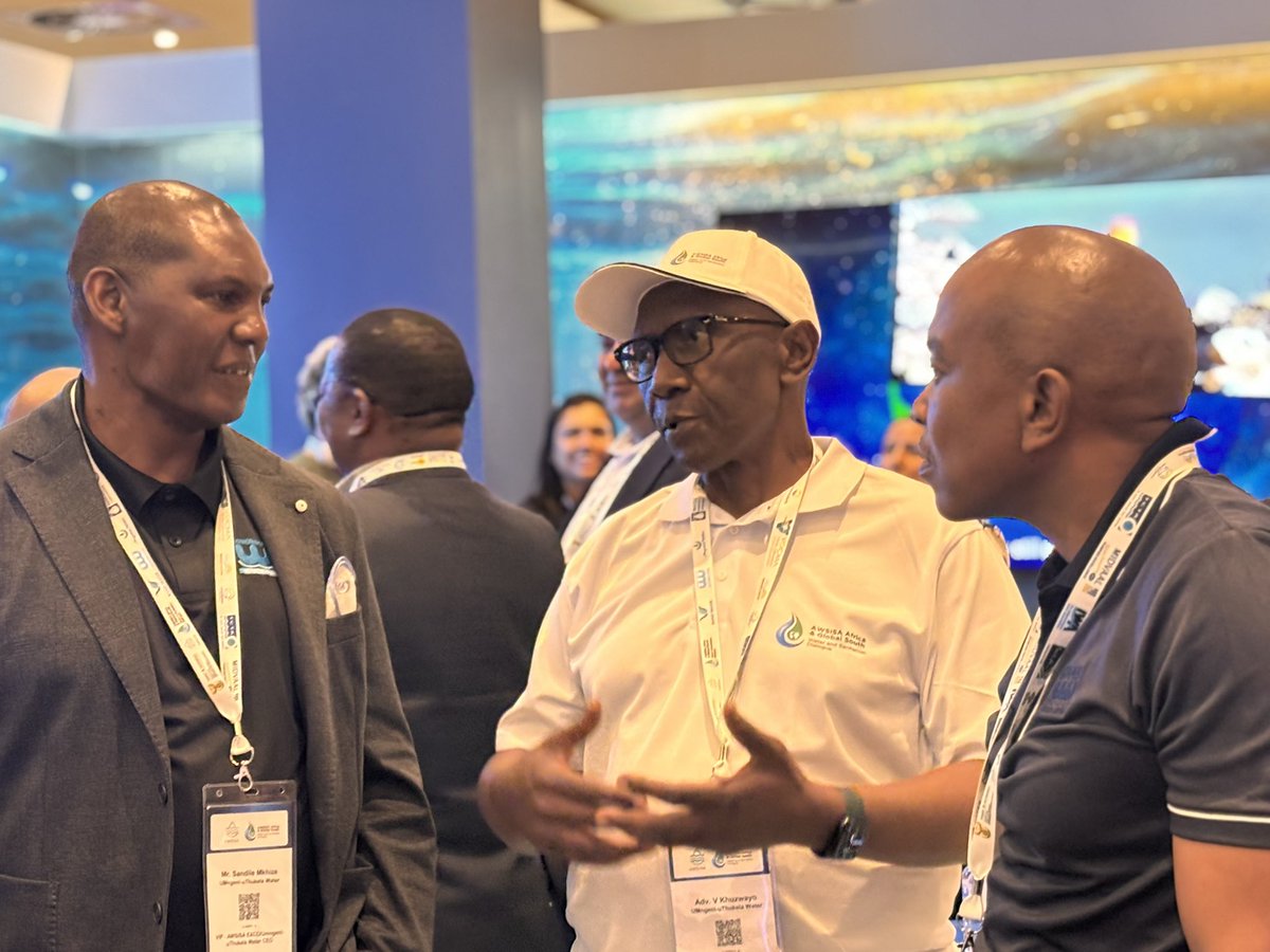 UMngeniUThukela's tweet image. The Hon. Minister of @DWS_RSA Ms Pemmy Majodina, and Deputy Minister Mr. David Mahlobo officially opened the #AWSISA2025 Exhibition Stands. They embraced the engaging interactive games curated by the vibrant UUW team, demonstrating commitment to sustainable #watersolutions.