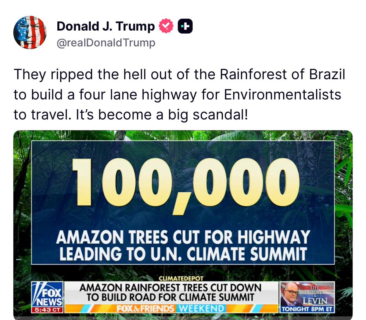 🇺🇸🇧🇷 Os Estados Unidos estão expondo a hipocrisia do governo Lula, que derrubou cerca de 100 mil árvores para construir uma pista para atender aos participantes da COP 30.

Destruíram a Amazônia para um evento esvaziado.