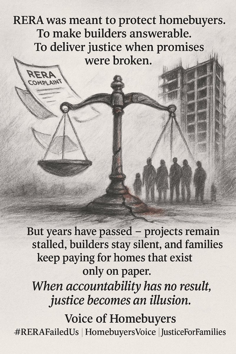 sudhish0211's tweet photo. RERA was meant to protect homebuyers.
To make builders answerable.
To deliver justice when promises were broken.

But years have passed — projects remain stalled,
builders stay silent, and families keep paying
for homes that exist only on paper.

When accountability has no result, justice becomes an illusion.
@Dev_Fadnavis @MahaGovtRERA @ManojSaunik 

Voice of Homebuyers
#RERAFailedUs  #HomebuyersVoice  #JusticeForFamilies  #AdhirajScam