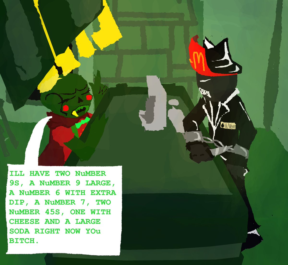 DailyJackNoir's tweet image. Day 19 - #SPADESSLICK #CALIBORN #homestuck (you guys seemed to really like jack noir being forced to work minimum wage. im scared to ask why. this was a strawpage request of caliborn ordering everything and jack noir being very pissed off as always. i liked the angle i did here)