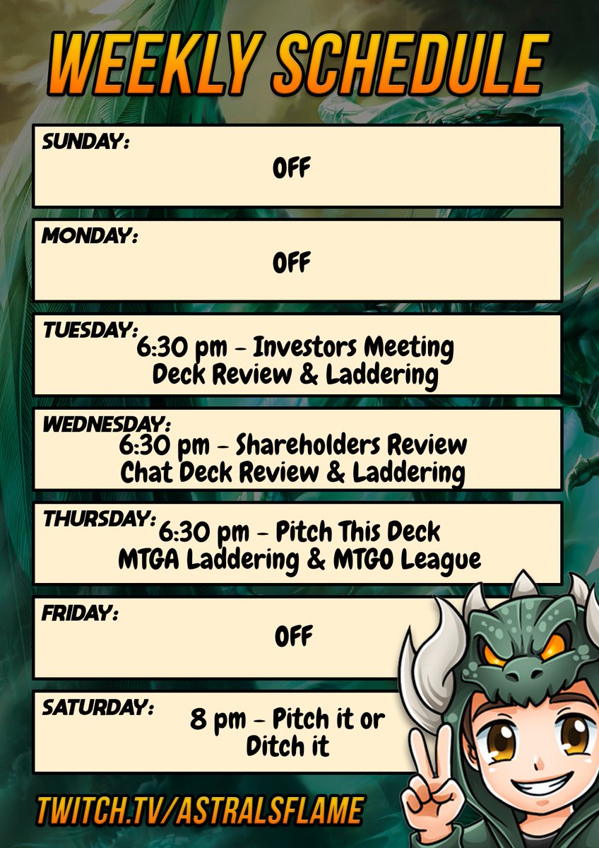 New Week = New Schedule and New Content.

Deck Building, Deck Reviews, Intensive Laddering, Challanges, and Viewer Deck Games await!

New Stream Structure:

🔥Tuesdays - Investors Meetings

I'll present my take on a Combo, Meta, Off-meta, or deck from Pitch it or Ditch it and