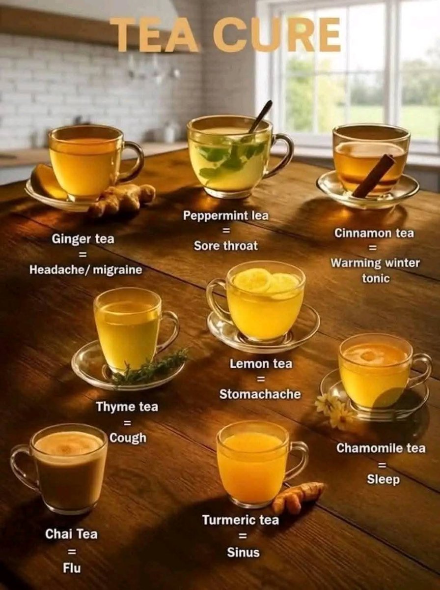 BarbaraOneillAU's tweet photo. 8 types of Teas to drink to cure yourself ‼️

Recipes below 👇🏽 

Ginger Tea- 2 thumb size pieces per 8oz

Peppermint Tea- 3 leaves per 8oz

Cinnamon Tea- 2 sticks per 8oz

Thyme Tea- 3 leaves per 8oz

Lemon Tea- 1 lemon per 8oz

Chamomile Tea- 1/4 cup of flowers per 8oz

Tumeric Tea- 2 finger size pieces per 8oz

Chia Tea- 2 tbsp per 8 oz