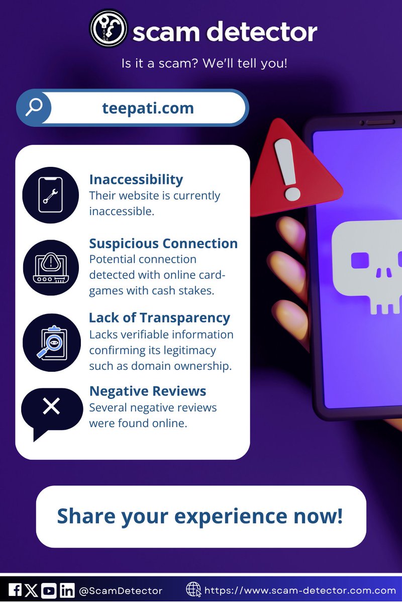 ScamDetector's tweet image. Is teepati[.]com legit? Learn key security tips to identify online scams before you click. 

Full validation report 👉 scam-detector.com/validator/teep…

#scamdetectorvalidator #securitytips #validationreport