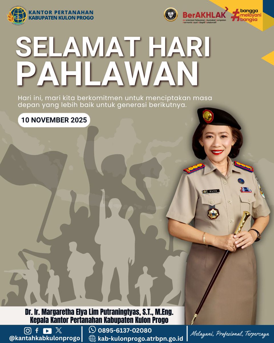 atr_bpnkprogo's tweet image. Hallo,
#sobatATRBPNKulonProgo

Selamat Hari Pahlawan 10 November 2025

Hari ini, kita tidak hanya mengenang jasa para pahlawan, tetapi juga meneruskan semangat juang mereka dalam setiap langkah pengabdian kita.
Mari jadikan semangat kepahlawanan sebagai inspirasi untuk bekerja.