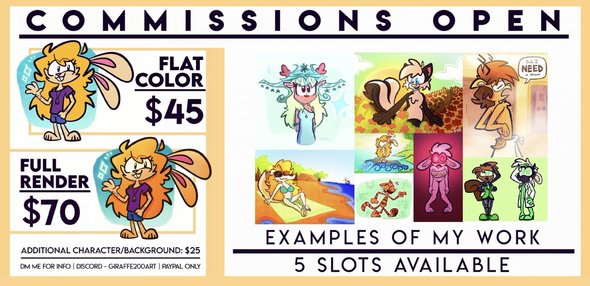 Commissions are open right now!

- 5 Slots available at the moment
- SFW / Slightly NSFW is okay as long as it is not anything explicit
- Payments via PayPal

If you are interested, you can DM me here or via Discord giraffe200art🦒