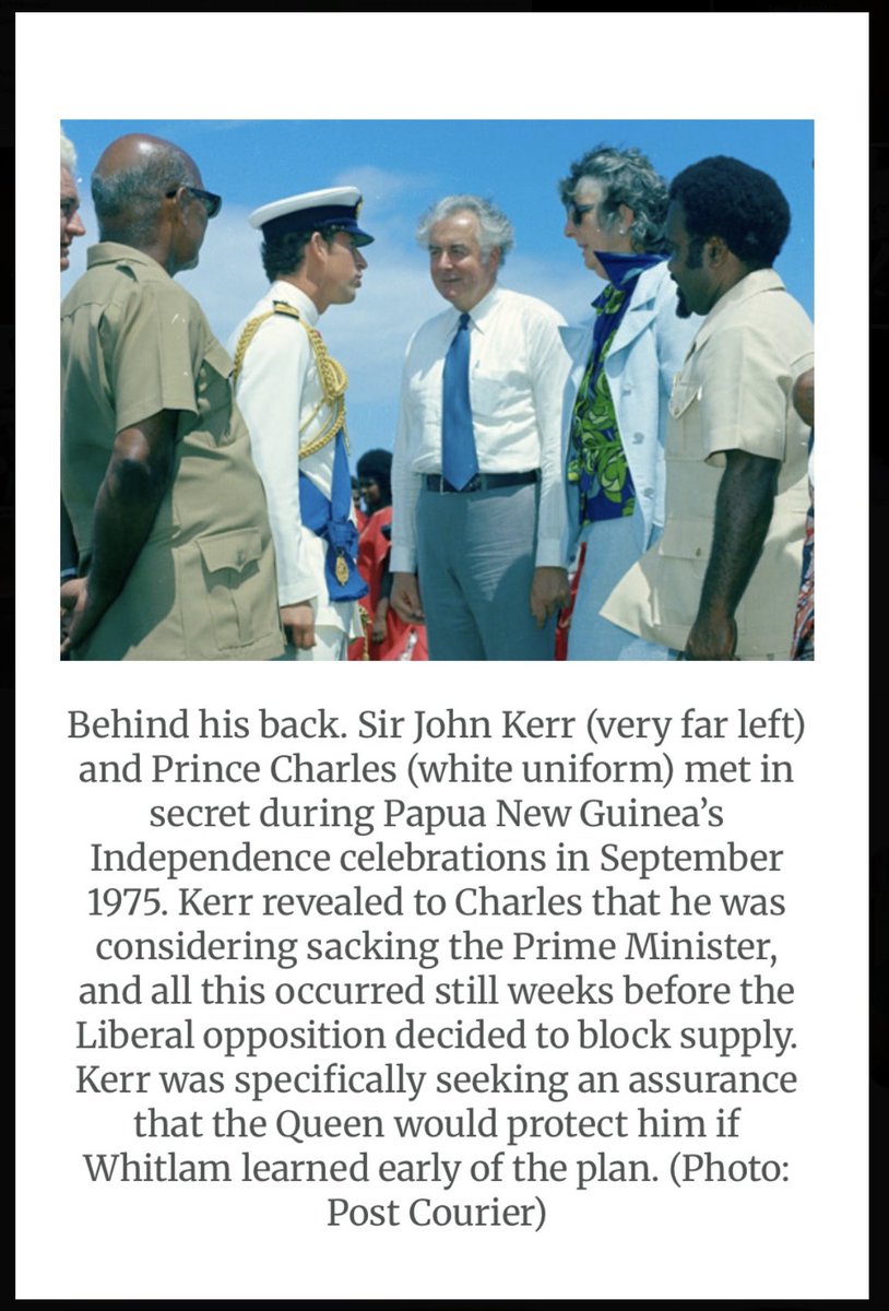King Charles’ fingerprints are on the documents.

“Behind Gough Whitlam’s back. Sir John Kerr (very far left) and Prince Charles (white uniform) met in secret during Papua New Guinea's Independence celebrations in September 1975.

“Kerr revealed to Charles that he was considering