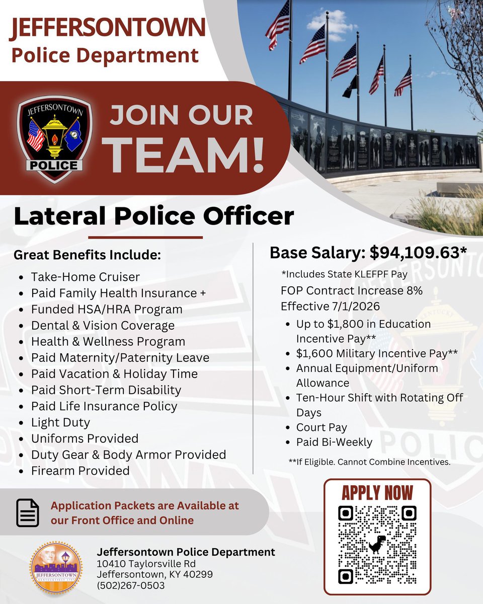 5 days remain to get the application packets turned in, mailed out, or sent via email (recruiting@jtownkypd.org). #JoinOurTeam #LawEnforcmentJobs