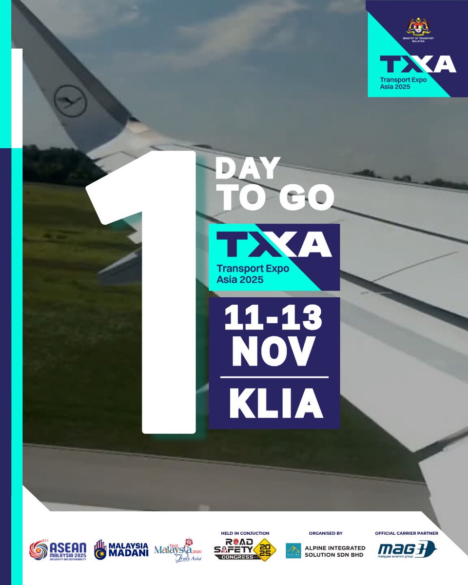 COUNTDOWN TO TXA 2025: 1 DAY TO GO! ✈

The momentum is building! Tomorrow the region’s most anticipated transport, logistics, and mobility innovation event, Transport Expo Asia (TXA) 2025, will take flight!

📅 11–13 November 2025
📍 Sama-Sama Hotel, KLIA, Kuala Lumpur