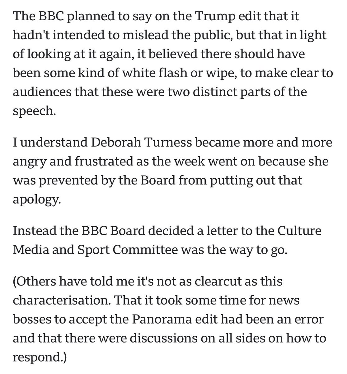 Important reporting from <a href="/katierazz/">Katie Razzall</a> here: BBC News chief Deborah Turness had a statement ready to go about the bad Trump edit, days ago, but "was prevented by the Board from putting out that apology." To outsiders, the broadcasters response looked feeble at best