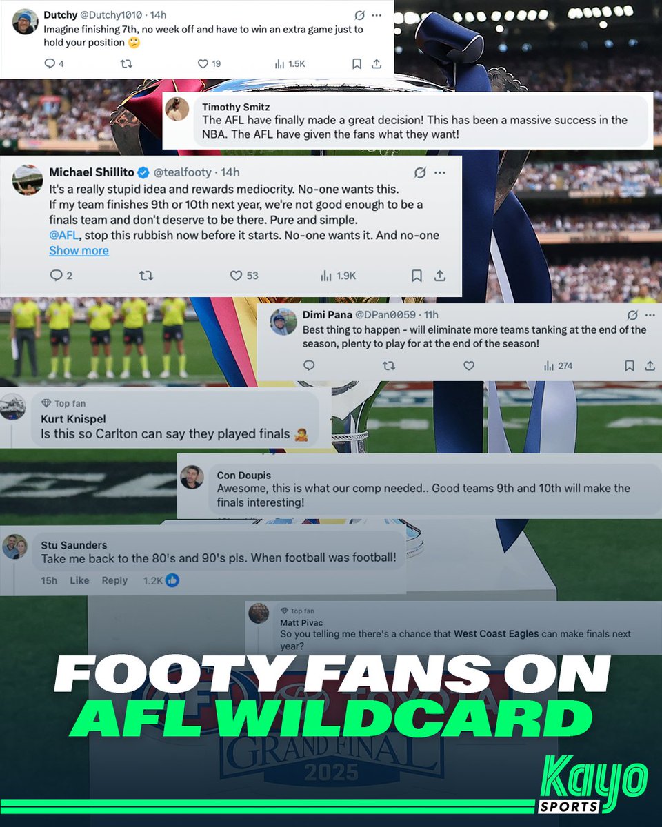 kayosports's tweet image. Fox Footy fans have spoken, and this wildcard move has got everyone talking! 😅🏉🔥

Did the AFL make the right decision?

#AFL #playoffs #WildcardGame #Footy #FoxFooty