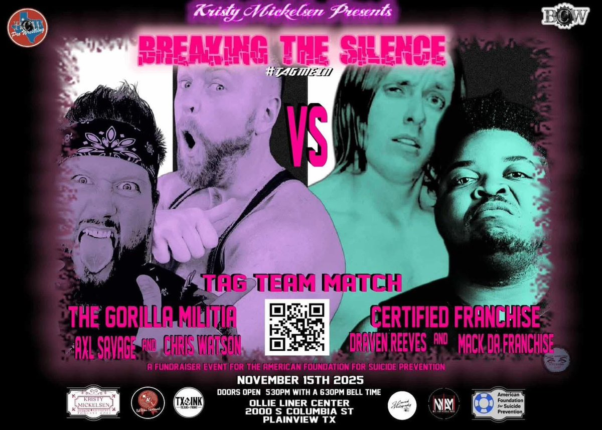 BCW Texas Championship Match Announcement

🎤 Kristy Mickelsen Presents: BreakingTheSilence

🗓 Date: November 15, 2025
📍 Ollie Liner Center, 2000 S Columbia St, Plainview, TX

🔥 BCW Texas Championship Match
Tino Valentino vs. Emilio Guzman (c)

🗓 Event Details
Doors: 5:30 PM