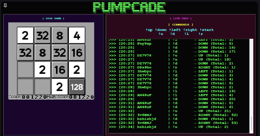 This was V1 of <a href="/pumpcade/">PUMPCADE</a>. A simple puzzle game controlled by the livechat.

This was SIX weeks ago. Fast forward and i'm now building tech to power the next generation of prediction markets.

Speculate everywhere.

If you have an idea, fucking ship it. You never know the future.