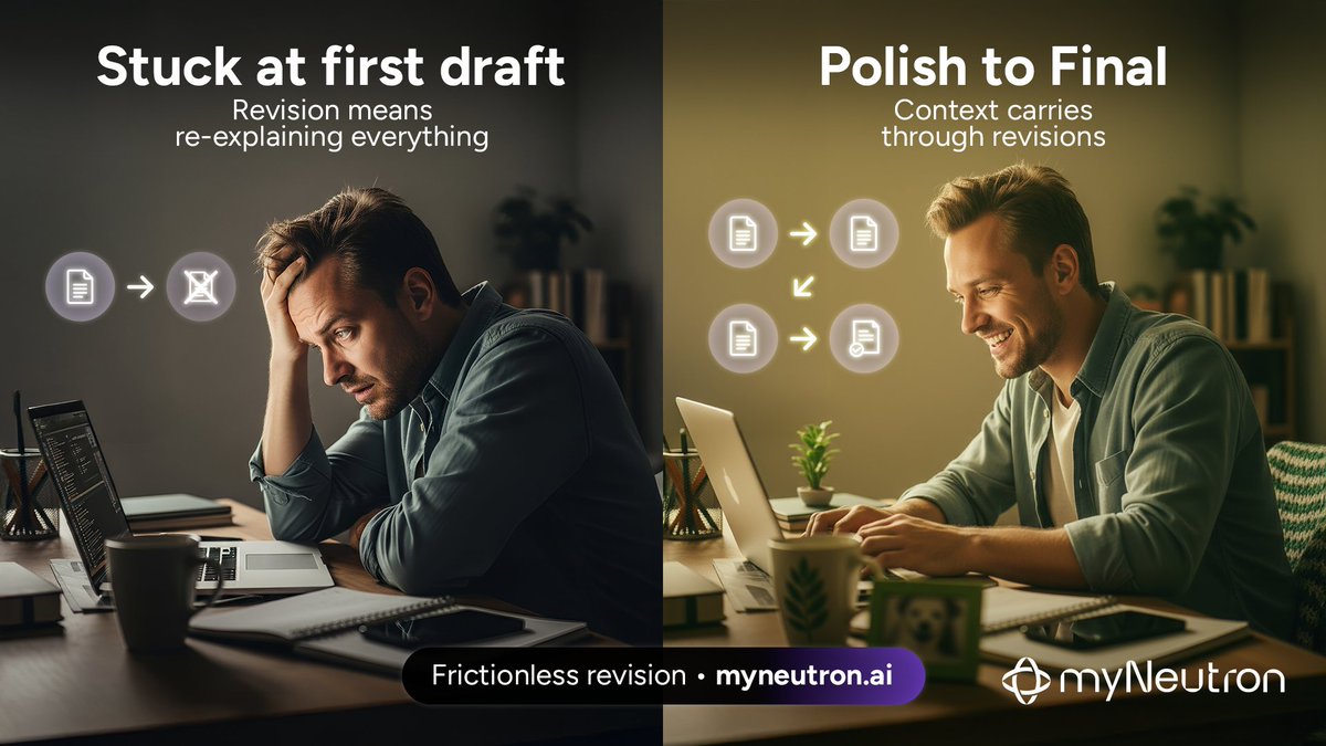 myNeutron_ai's tweet image. First drafts are easy. Second drafts is where everything falls apart.

Write with ChatGPT. Blog post, email, presentation. First draft fast. Feels good.

Step away. Come back to revise. Need help improving.

Open Claude (better for editing). Doesn&apos;t know what ChatGPT wrote.…