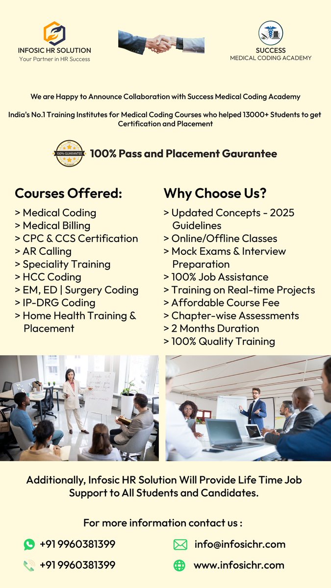 Infosichr's tweet image. India’s No.1 Training Institute for Medical Coding Courses — helping 13,000+ students achieve certification and 100% placement.

🌟 100% Pass and Placement Gaurantee.

#successmedicalcodingacademy
#infosichr
#MedicalBilling
#medicalcodingtraining