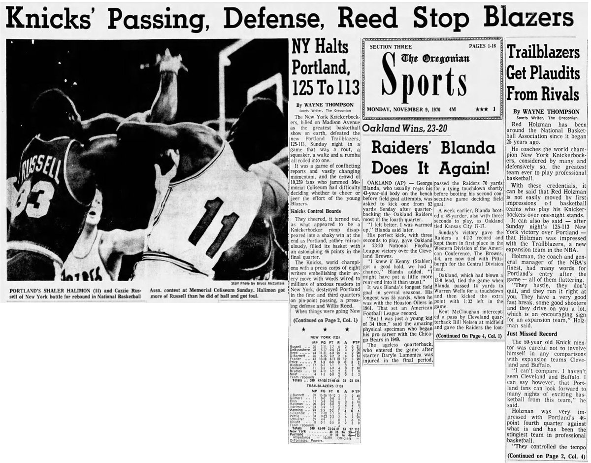 77Blazers's tweet photo. Nov 8, 1970 - #JimBarnett becomes the first @trailblazers player to score 40 points in a game.
Playing before a then record crowd of 10,259 fans in the #MemorialColiseum to see the defending @NBA Champion @nyknicks, Barnett connected on 15-of-26 FGA and 10-of-12 FTA.
Off the bench, #StanMcKenzie and #GeoffPetrie helped Barnett, scoring 21 and 20 points. For the #Blazers, playing in their 13th game, it is the third time three players topped 20 points in the same game.
For the #Knicks, @WaltFrazier recorded the 15th triple-double of his career, scoring 28 points, 10 rebounds and 12 assists. #WillisReed matched Frazier in scoring and grabbed a game-high 26 rebounds.
#RipCity #ThisDateinBlazersHistory