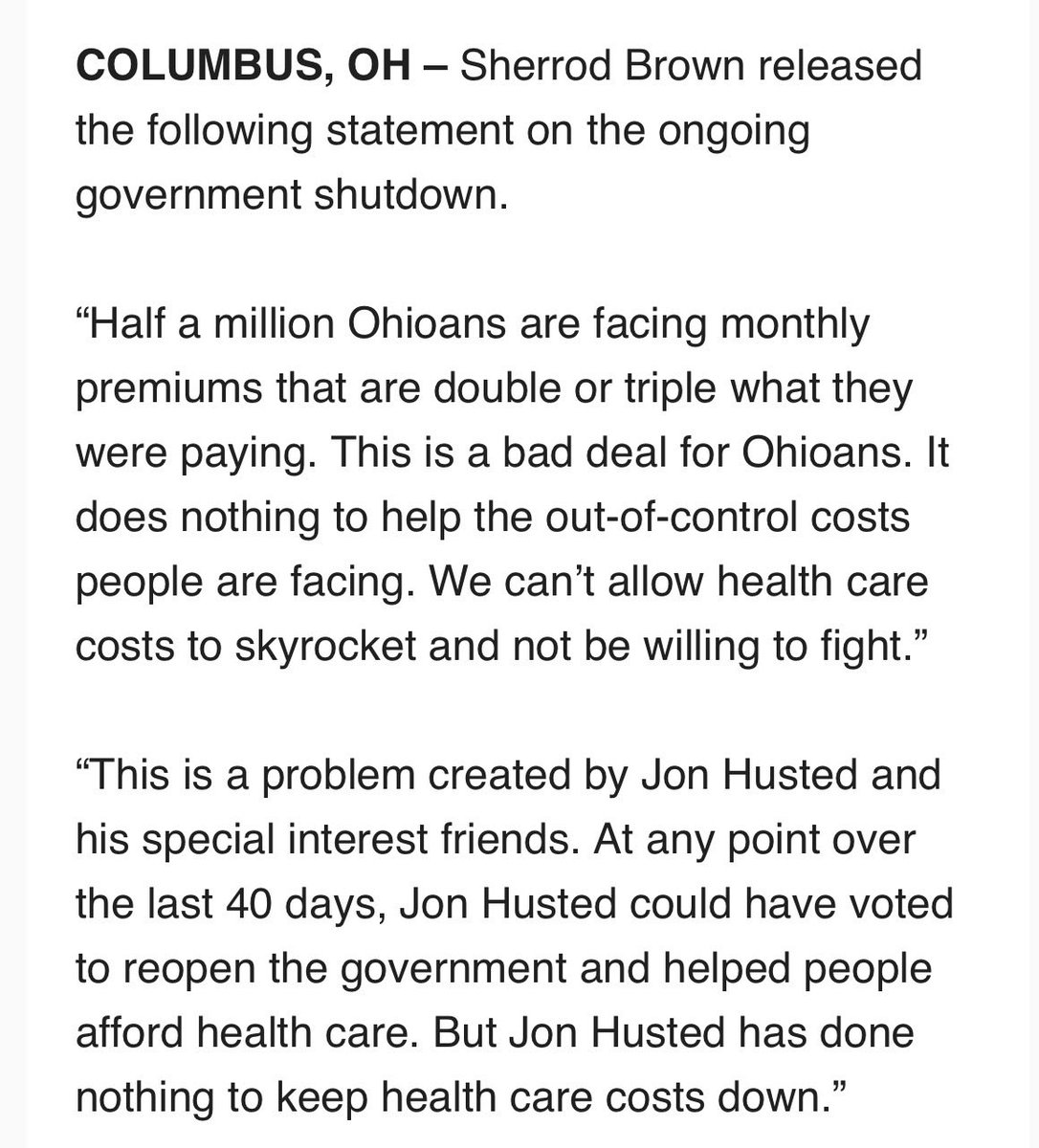 Sherrod Brown issues a statement that calls the looming Senate vote to reopen the federal government “a bad deal for Ohioans.”
