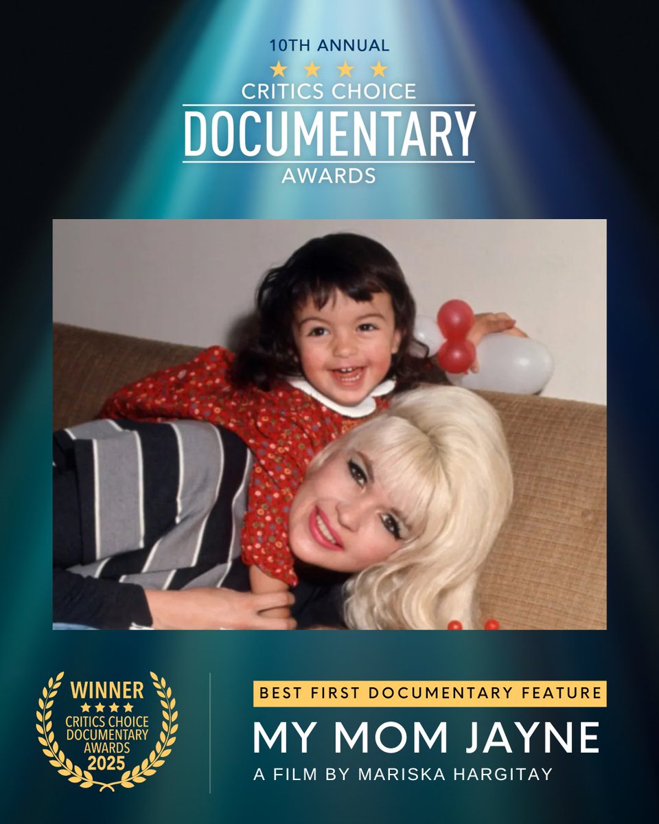 Congratulations to "My Mom Jayne: A Film by Mariska Hargitay" winner of the Critics Choice Documentary Award for BEST FIRST DOCUMENTARY FEATURE. #mymomjayne #mariskahargitay  #ccadocawards #criticschoice #HBOMax <a href="/HBO/">HBO</a>
