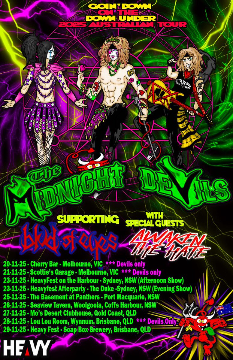 MidnightDevils's tweet image. We are just days away now.  The Goin’ Down on the Down Under 2025 Australian Tour is already picking up steam.  The party’s comin’ Australia.  ⁣
.⁣
.⁣
.⁣
.⁣
.⁣
#shocktheworld #gonnagetlaidtonight #themidnightdevils #sohardithurts #chrissniperhineline #jimmymess #samspade
