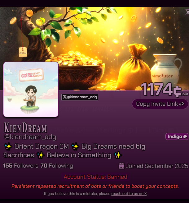 kiendream_odg's tweet photo. after 60 days of hard work on @simcluster 
Climbed to rank 10 with 1 trending concept, attacked by someone else's bot an this is what i got, it's funny.

"If you hate someone, just boots the concept, that person will be banned, trust me."

so stupid, lol 🤪🤪 https://t.co/0MW4cs6qPi