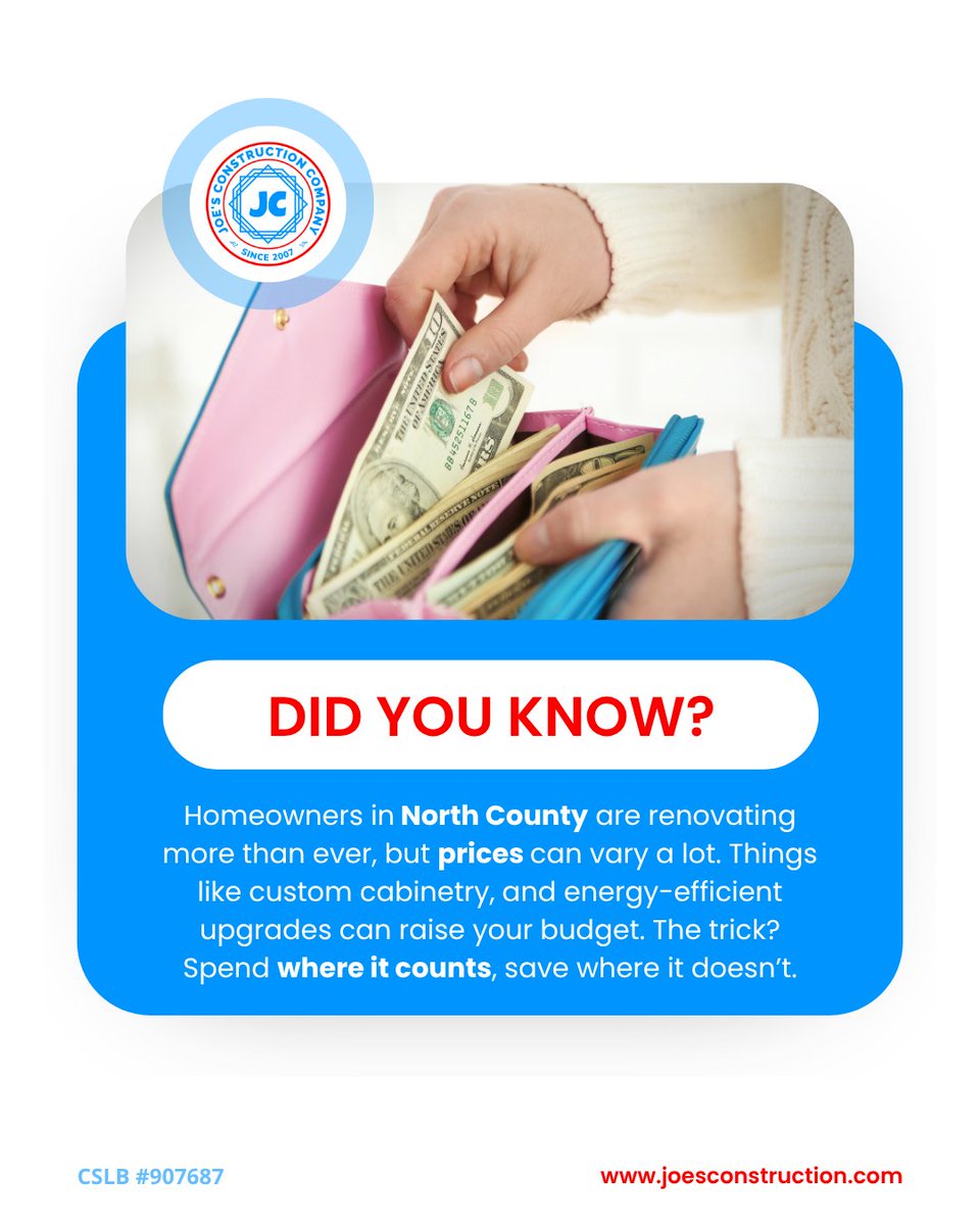 joesconstruct's tweet image. Thinking about remodeling but unsure of your budget? 🤔💸 You're not alone! Homeowners in North County are investing in upgrades like never before. Costs can vary widely!

 #HomeRenovation #NorthCountyLiving #BathroomRemodel #KitchenRemodel #ADUConstruction #CaliforniaHomes