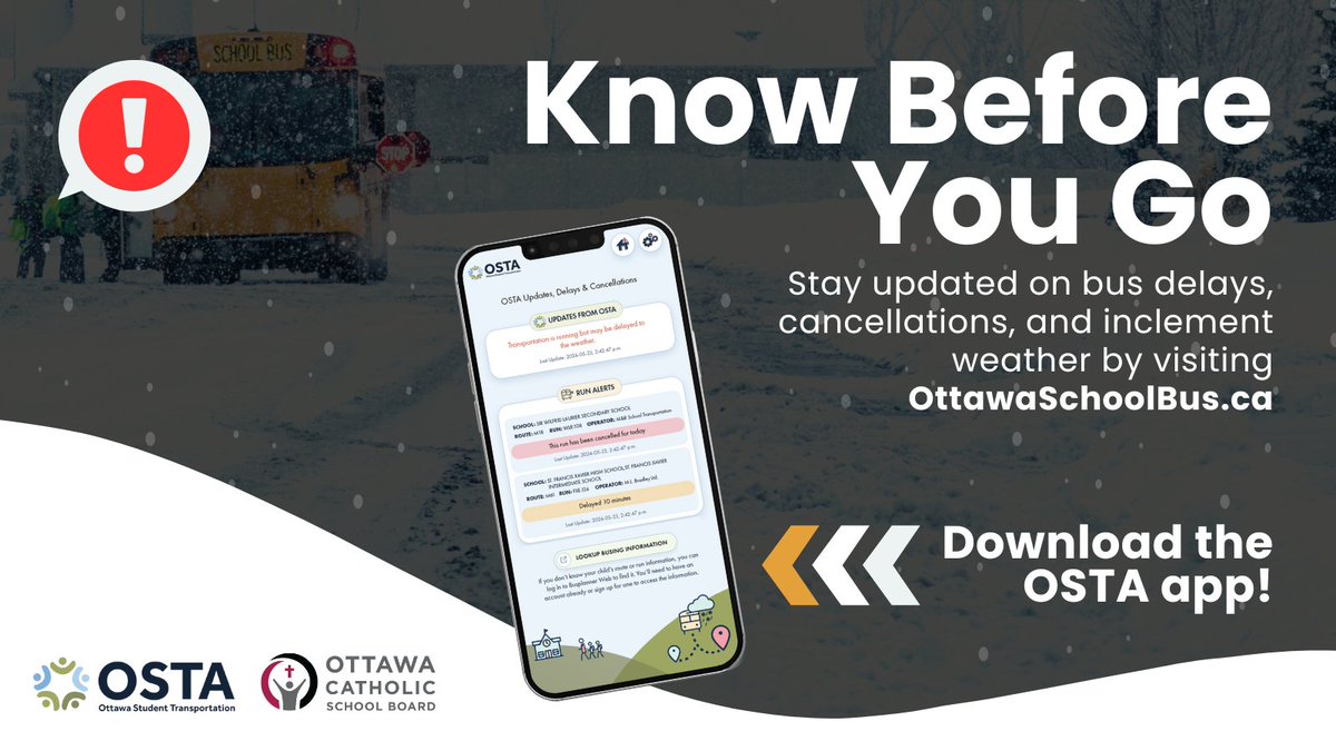 ❄️ The first snowfall of the season has arrived! As winter weather begins, remember to stay informed about school bus delays and cancellations. For the latest inclement weather updates, visit ottawaschoolbus.ca or download the <a href="/OttSchoolBus/">OSTA</a> app.

#FirstSnow #ottnews #OCSB