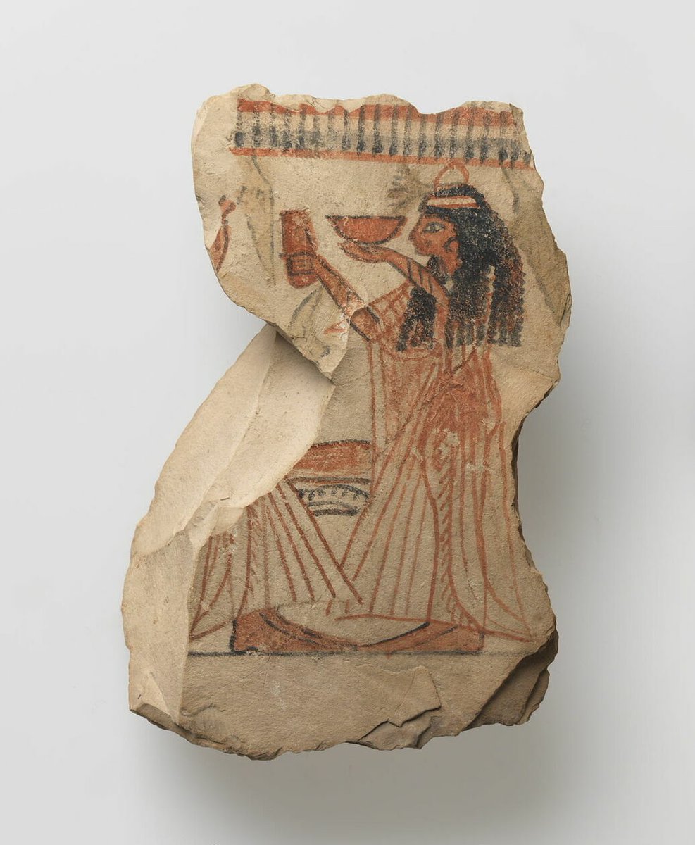 Woman offering Incense

The limestone ostracon from Deir el-Medina, depicting a woman presenting a cup and vase before a figure holding a smoking bowl, likely represents a domestic or ritual offering scene.

The woman’s pleated dress, perfume cone, and lotus flower suggest she is
