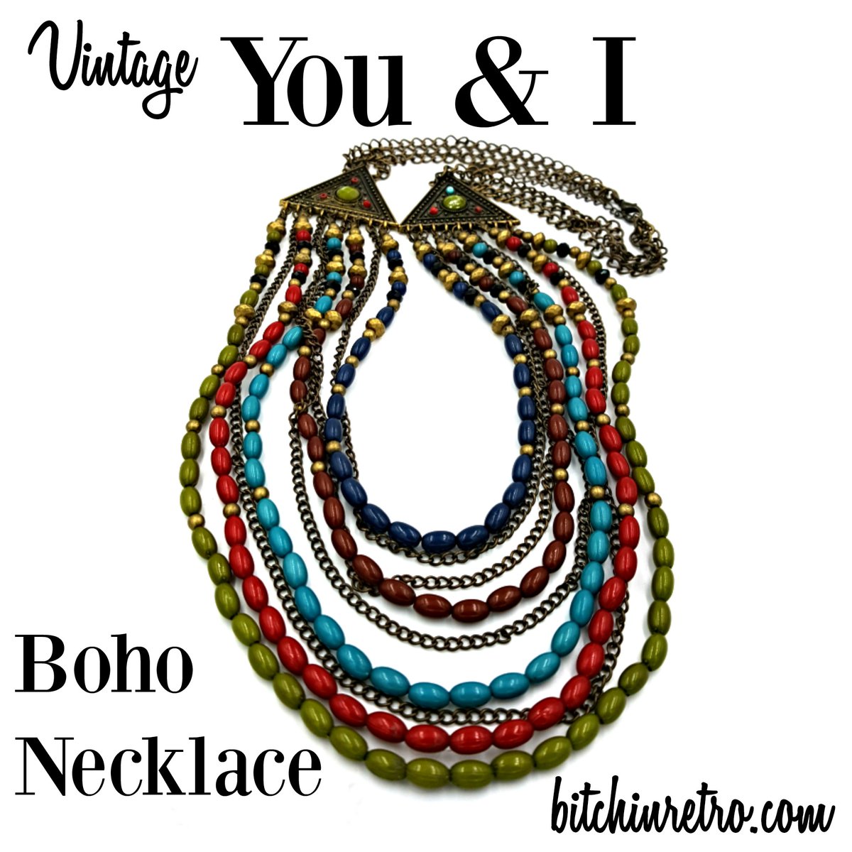 #Vintage You and I #designernecklace with pediments which carry nine strands of #fall colored beads and bronze tone chains and burnished gold beads. A show stopping necklace with #boho #style and perfect for #Autumn and winter.

#bitchinretro #FallVibes 

bitchinretro.com/products/you-a…