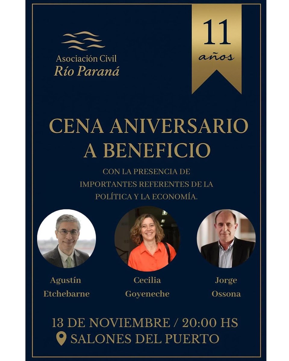El próximo jueves 13 de noviembre celebraremos una nueva edición de nuestra cena aniversario a beneficio.
Contaremos con la presencia de importantes figuras del mundo de la economía y la política, entre ellas destacamos a:
<a href="/aetchebarne/">Agustín Etchebarne</a> 
Cecilia Goyeneche
<a href="/JorgeOssona/">Jorge Ossona</a>
