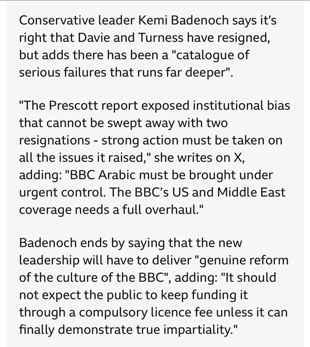 Davie and Turness may have gone, but their spirit lives on. The <a href="/BBC/">BBC</a>’s report of ⁦<a href="/KemiBadenoch/">Kemi Badenoch</a>⁩’s statement leaves out a crucial sentence: 

“And on basic matters of biology, the corporation can no longer allow its output to be shaped by a cabal of ideological activists.”