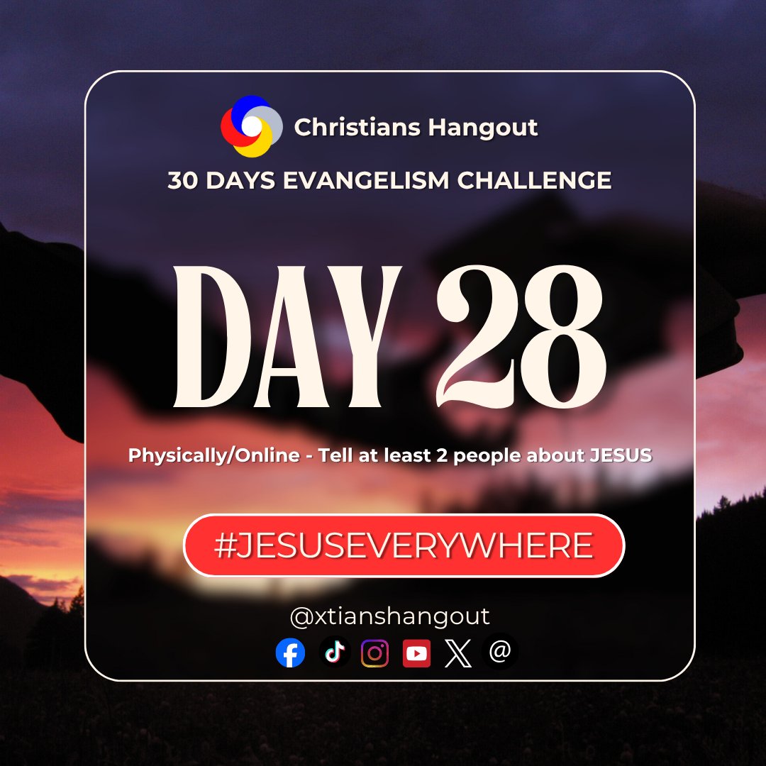 xtianshangout's tweet image. DAY 28: Hope you talked with someone today?    
Let’s flood every space — streets, campuses, workplaces, and timelines — with the name of JESUS.   Let’s make Jesus known.   
Let’s make Jesus everywhere.       
✝️📷#JESUSEVERYWHERE 
#ChristiansHangout