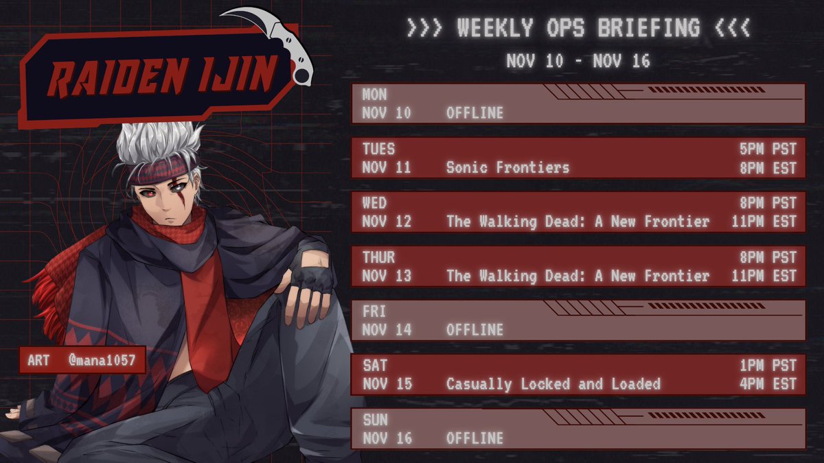 🍶 Schedule: Nov 10 - Nov 16 🔪

We’re starting The Walking Dead: A New Frontier this week! I’m excited to see where this story takes us!

Progressing more in Sonic Frontiers and hanging out with the fam on stream in some Casually Locked and Loaded streams!

See y'all on stream!