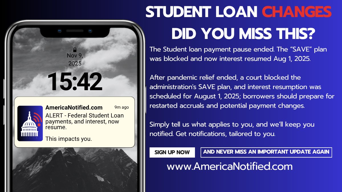AmericaNotified's tweet image. Did you miss this? The Student loan payment “SAVE” plan was blocked and now interest resumed Aug 1, 2025.

Simply tell us what applies to you, and we’ll keep you notified. Get notifications, tailored to you. 

Visit AmericaNotified.com 

#taxes #studentloans #AmericaNotified