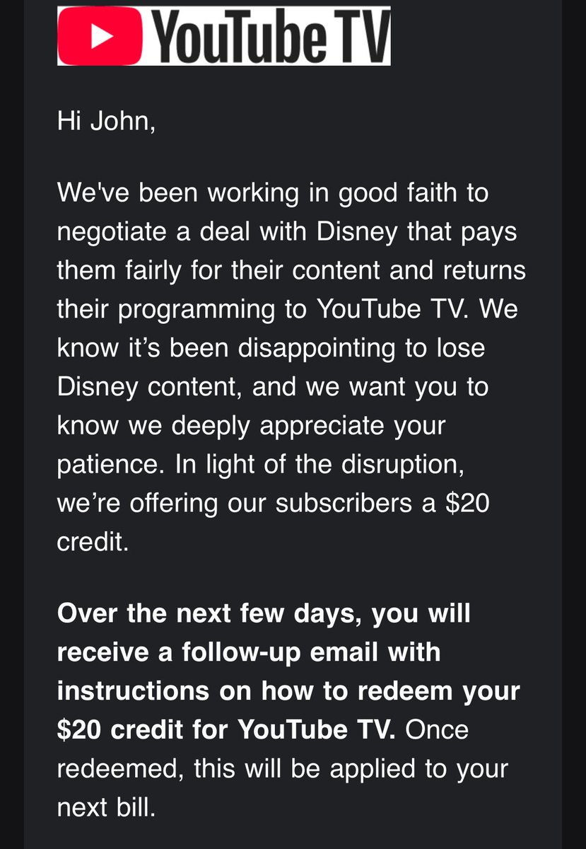 jlkurtz's tweet image. Hey @YouTubeTV how about “in good faith” you just credit my account without me having to follow instructions to redeem a credit that doesn’t at all cover the fact that ESPN’s networks are the primary reason I’m a subscriber