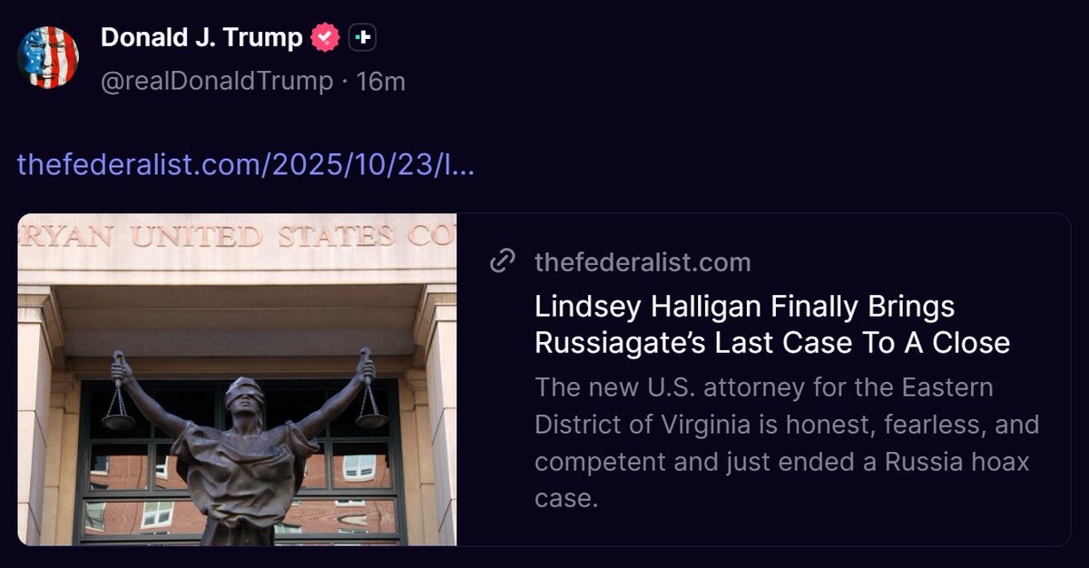 The deep state, the Democrat lawfare machine, and their allies inside the bureaucracy are still very much at work. Even after seven years, they were fighting to preserve a fake case that should never have existed.
thefederalist.com/2025/10/23/lin…