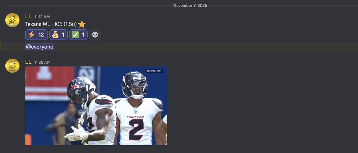 ✅🏈Texans ML -105 (1.5u) ⭐️

LLFAM VIP PLAY OF THE DAY WINNER

launchpass.com/lightning-locks