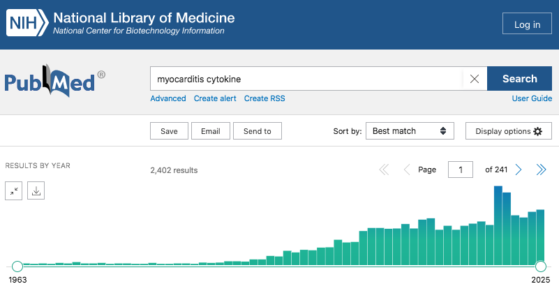 Myocarditis Science Update
PubMed has 2,402 peer-reviewed papers since 1963 when searching "Myocarditis Cytokine".
note that 63% of them were published pre-Covid19
<a href="/drchrisneil/">Dr Christopher Neil</a> <a href="/p_parry1/">DrPeterParry</a> 
pubmed.ncbi.nlm.nih.gov/?term=myocardi…