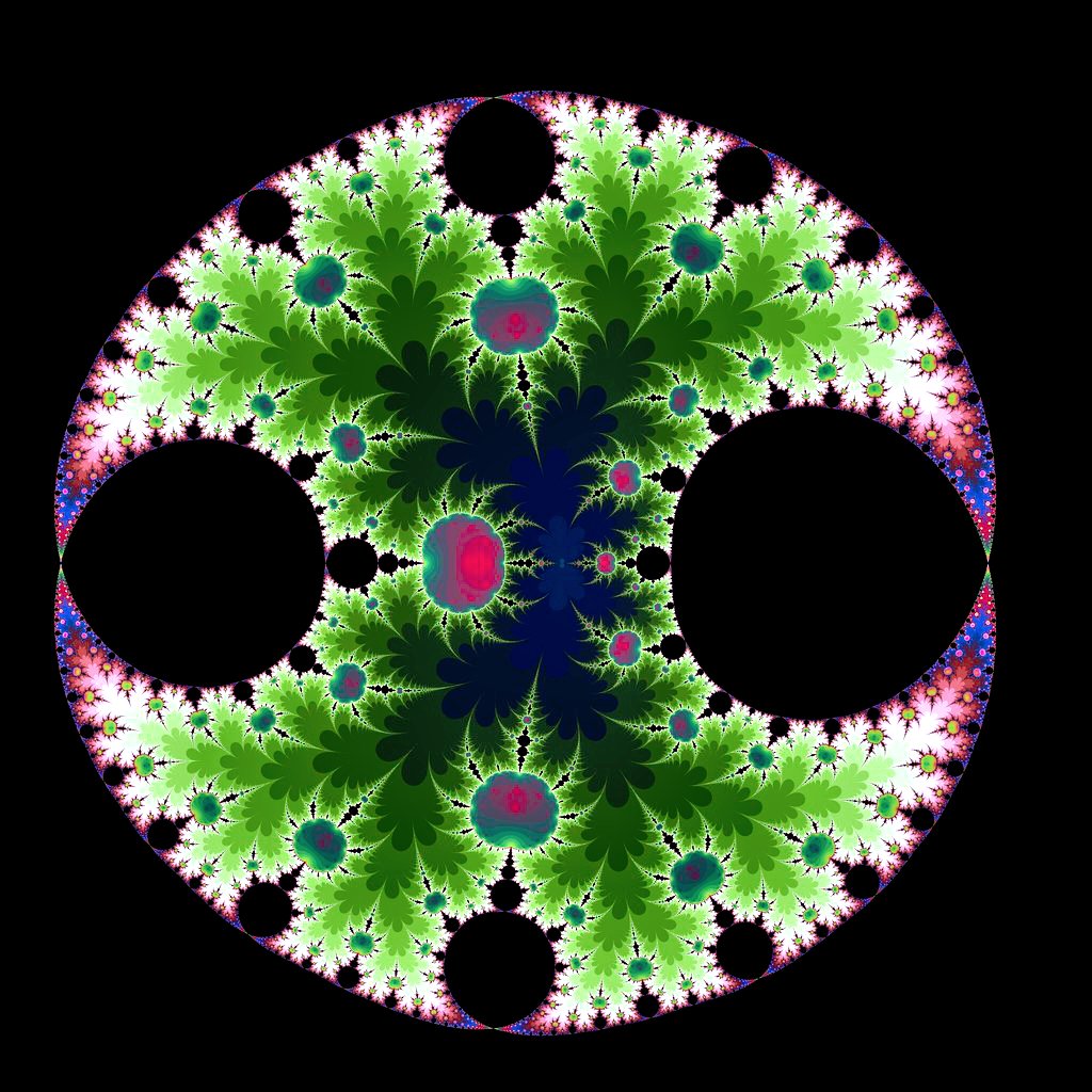Our mathematical universe.  Fractals.

Reminds me of an inside-out Mandelbrot set, with delicate filigree that reveals a zoo of intricate and infinite structures.  A meditation on ((Csin(Z) * ((Ccos(C)-P1)/C)) + (Ccos(Z) * (Csin(C)/C)))/P2.

By <a href="/gdsentropy/">gdsentropy</a>, used with permission.