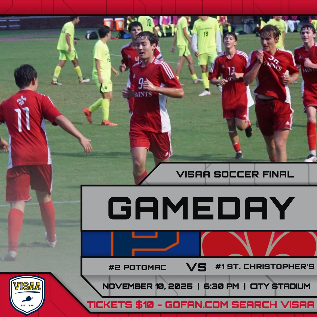 STCAthletics's tweet photo. Soccer GAMEDAY‼️
⚽️ VISAA State Championship
📅 Monday, November 10
🆚 #2 Potomac School 
🕡 6:30 PM
📍 City Stadium
🎫 $10 https://t.co/UowHoV1F6n
📺💻 https://t.co/xw1HyZv6t2
#StCVASoc https://t.co/3f1AUHJt4L