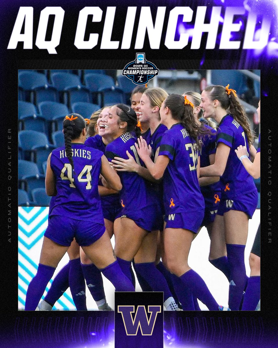 🐾 AQ CLINCHED 🐾

(1) <a href="/UW_WSoccer/">Washington Women's Soccer</a> has punched its ticket to the 2025 <a href="/NCAA/">NCAA</a> DI Women's Soccer Tournament, earning an automatic bid after claiming the <a href="/B1GSoccer/">Big Ten Soccer</a> title.

#NCAASoccer