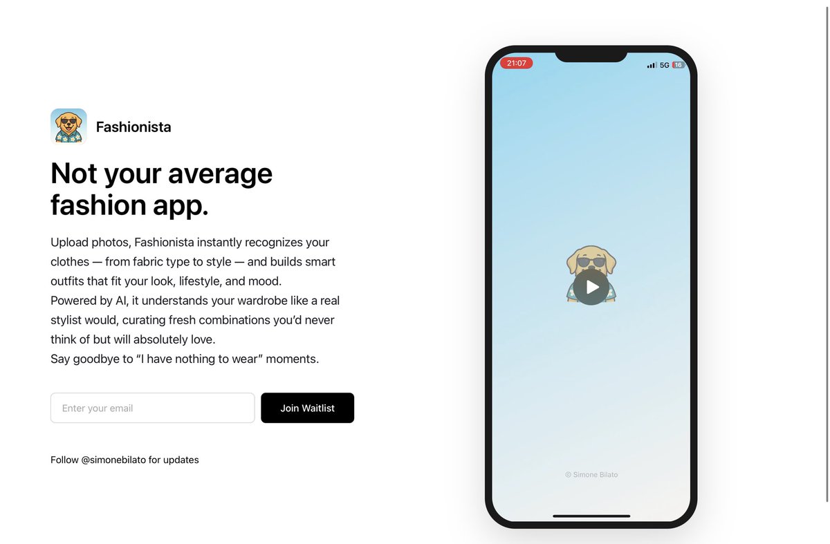 doppio_lato's tweet image. What do you think of this design?
Launching Fashionista, an AI-powered app that recognizes your clothes and creates perfect outfits. 
This is my landing page—I’d love your feedback! 
What should improve? What’s missing? 

#AppDesign #DesignFeedback #Startup #iOS #UX #IndieHacker