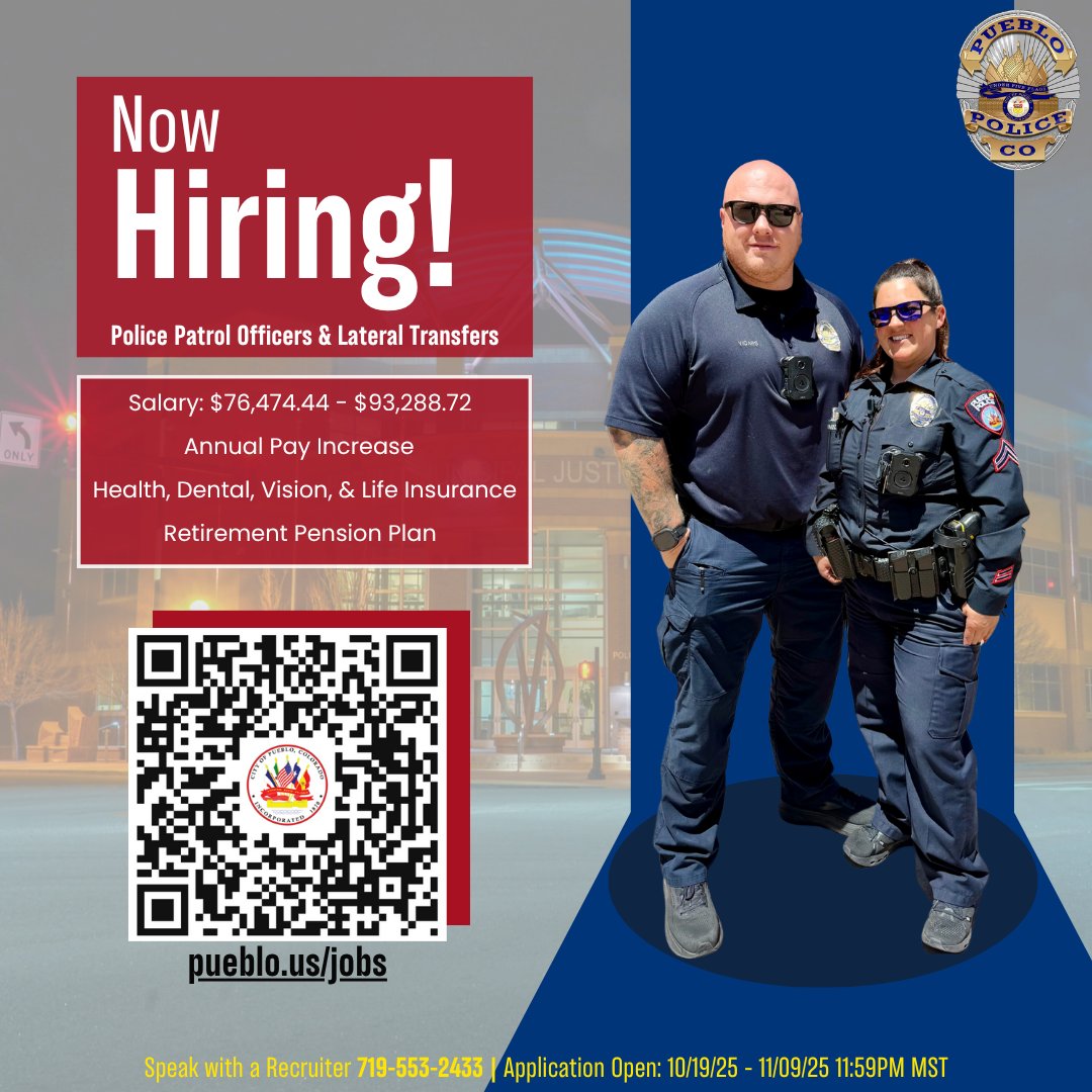 PuebloPolice1's tweet photo. 🚨 The hiring window for Police Patrol Officers &amp; Lateral Transfers closes today at 11:59 PM MST. 

👉 Scan the QR code or visit https://t.co/RA7S7EXlIP to apply now! 

#JoinUs #PoliceJobs #Pueblo #LawEnforcement #CareerOpportunities https://t.co/AYa0h2GY6v