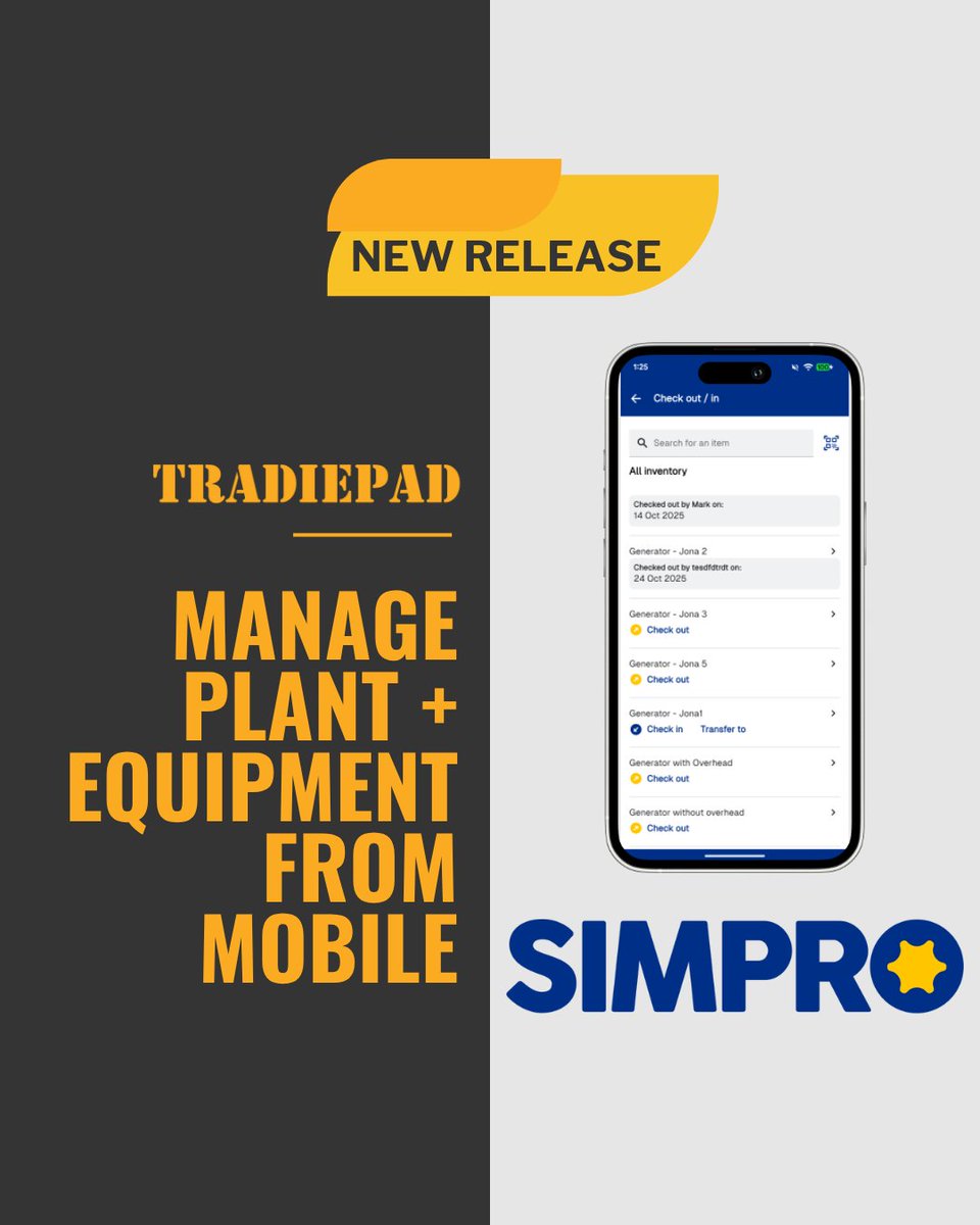 tradiepad's tweet image. Simpro Mobile update in BETA - Soon techs will be able to check in and out plant and equipment right from the app so you can manage your gear on the go.

#Simpro #TradieTools #AppsForTradies