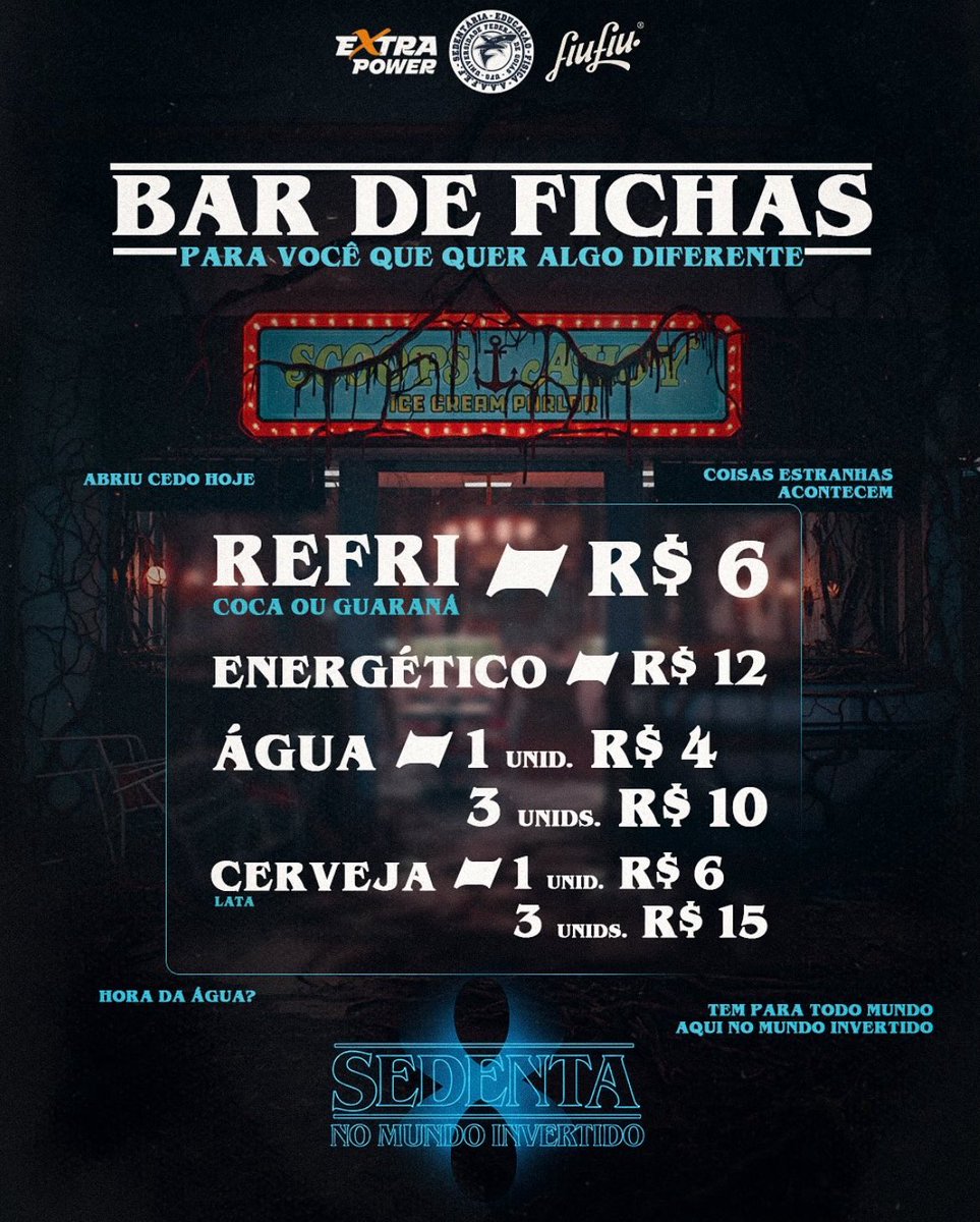 sedentariaufg's tweet photo. O portal abriu... e o bar também 👀
No mundo invertido, até a água tem gosto de festa... ☝️
Confere o que tem no bar de fichas da Sedenta. 
Ingressos pela Cheers ou com um de nosso comissários.
🕰️I SEDENTA NO MUNDO INVERTIDO
🗓️| 14 DE NOVEMBRO
🦈| @sedentariaufg https://t.co/hg6z0iBasM